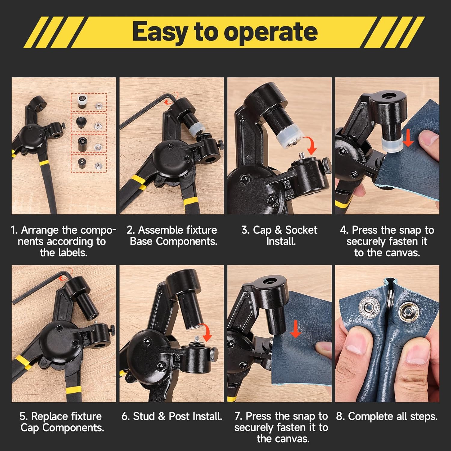 Heavy Duty Snap Fastener Tool, Upgraded Version Snap Button Tool Includes 30 Sets 15mm Snap Button Kit for Boat Cover, Repairing Boat Covers, Canvas, Sewing Tarps(Yellow)