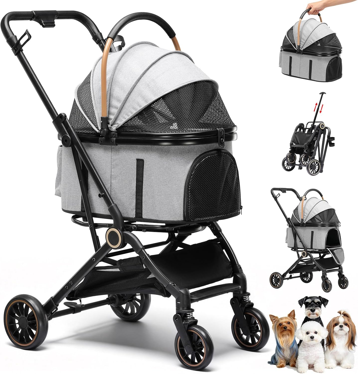 GTPLAYER 3 in 1 Pet Stroller with Removable Carrier, Foldable Stroller for Small/Medium Dogs and Cats, All-Terrain, with Sun Shades, Car Seat, Up to 45 lbs, Grey
