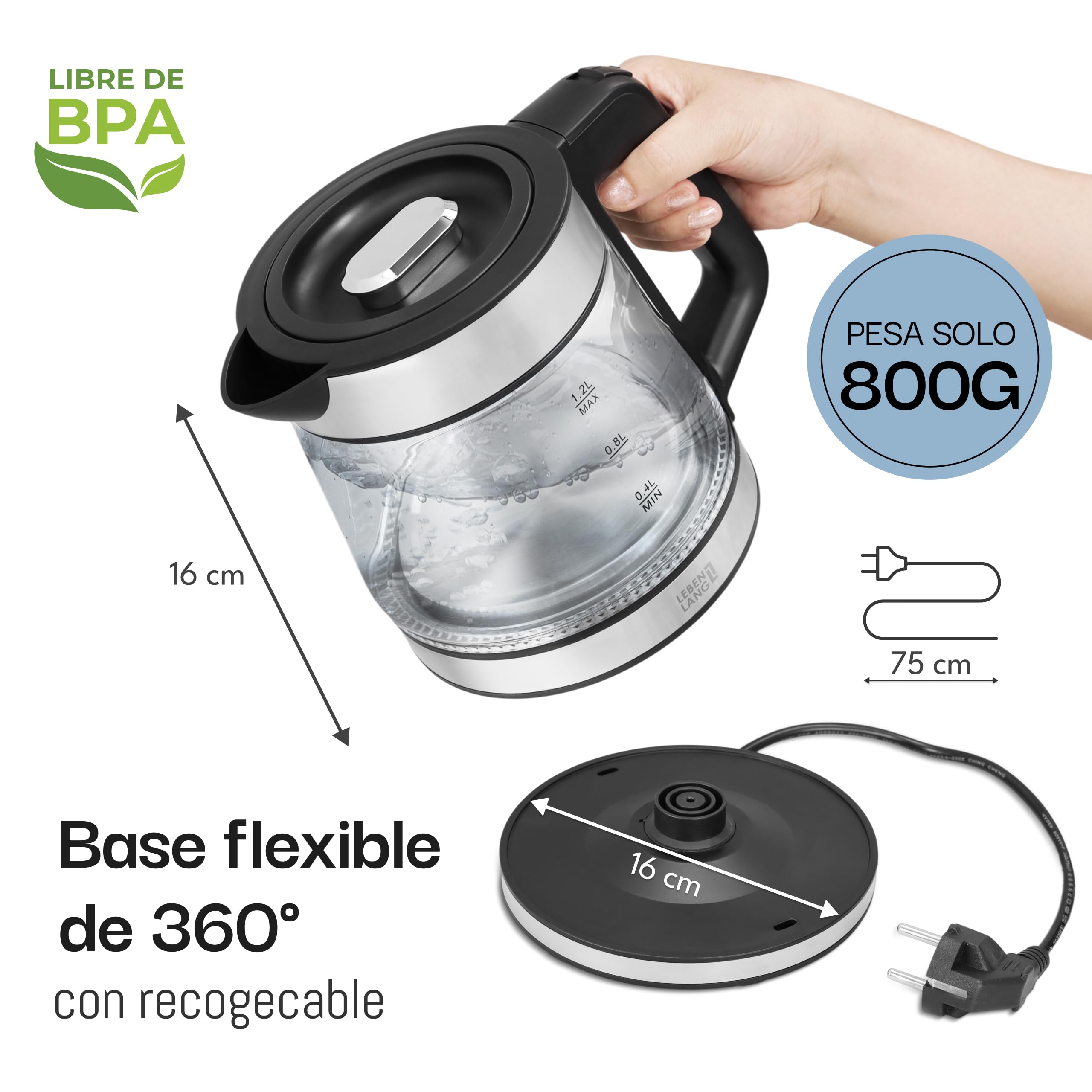 LEBENLANG Hervidor de agua de vidrio compacto – 1,2 litros con iluminación LED I Diseño de acero inoxidable sin BPA 1 L / 1,2 L I Hervidor de viaje pequeño para camping Hervidor de vidrio