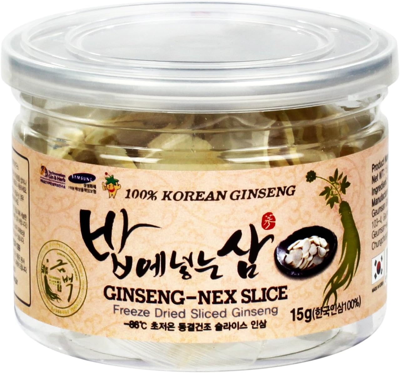 GeumBaek Premium Freeze Dried Korean Panax Sliced Ginseng 15g (Equivalent to Approximately 60g of Fresh Ginseng) - No Other Ingredients