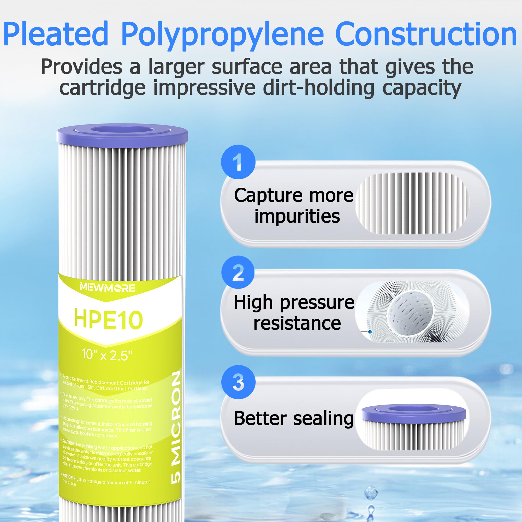 Cartucho de filtro de agua para toda la casa de 5 micras, 10 x 2.5 pulgadas, paquete de 6 | Filtros de sedimentos plisados para agua de pozo, reemplazo universal para cualquier unidad RO de 10 pulgadas