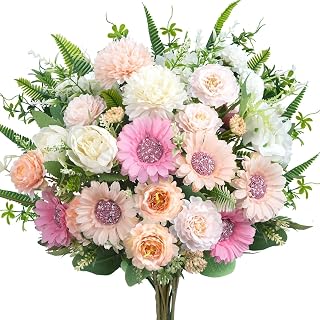 8pcs Silk Flower Arrangements – 13 Inch Fake Pink Peonies, Sunflowers & White Roses, Artificial Floral Decor for Wedding Centerpieces, Home Table, Party & Cemetery