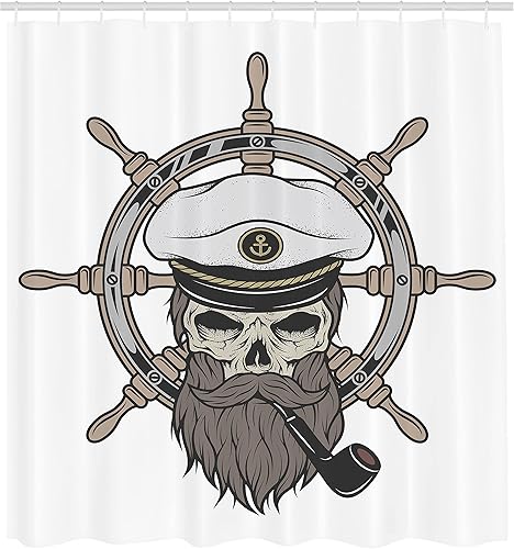 Miniatura 2 de Ambesonne Cortina de ducha de calavera, capitán pirata con sombrero de marinero, barba y tema náutico, juego de decoración de baño de tela con