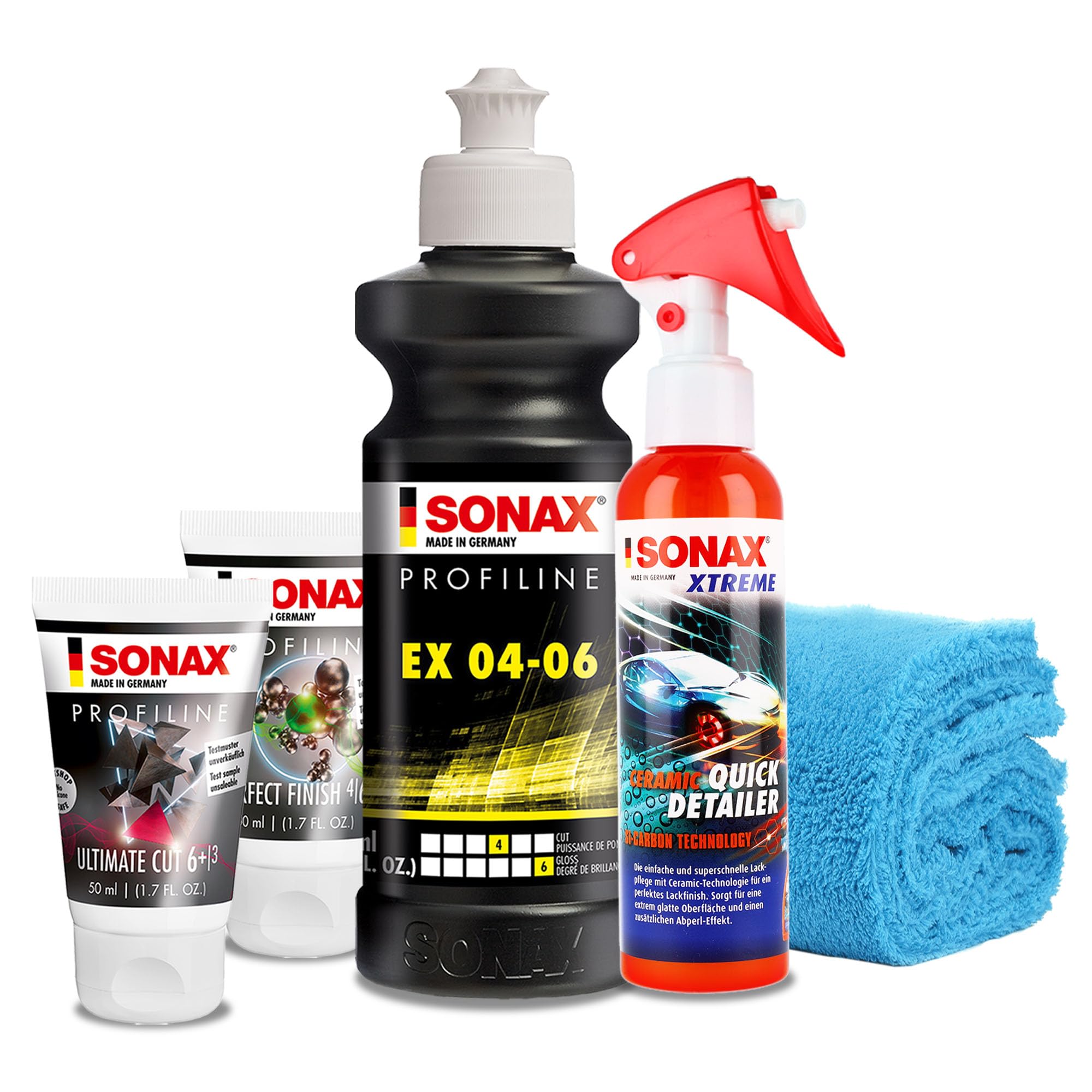 Autopolitur Set | Sonax Profiline EX 04-06 Hochglanzpolitur + PerfectFinish Politur gegen Kratzer + PROFILINE UltimateCut + Quick Detailer + Poliertuch