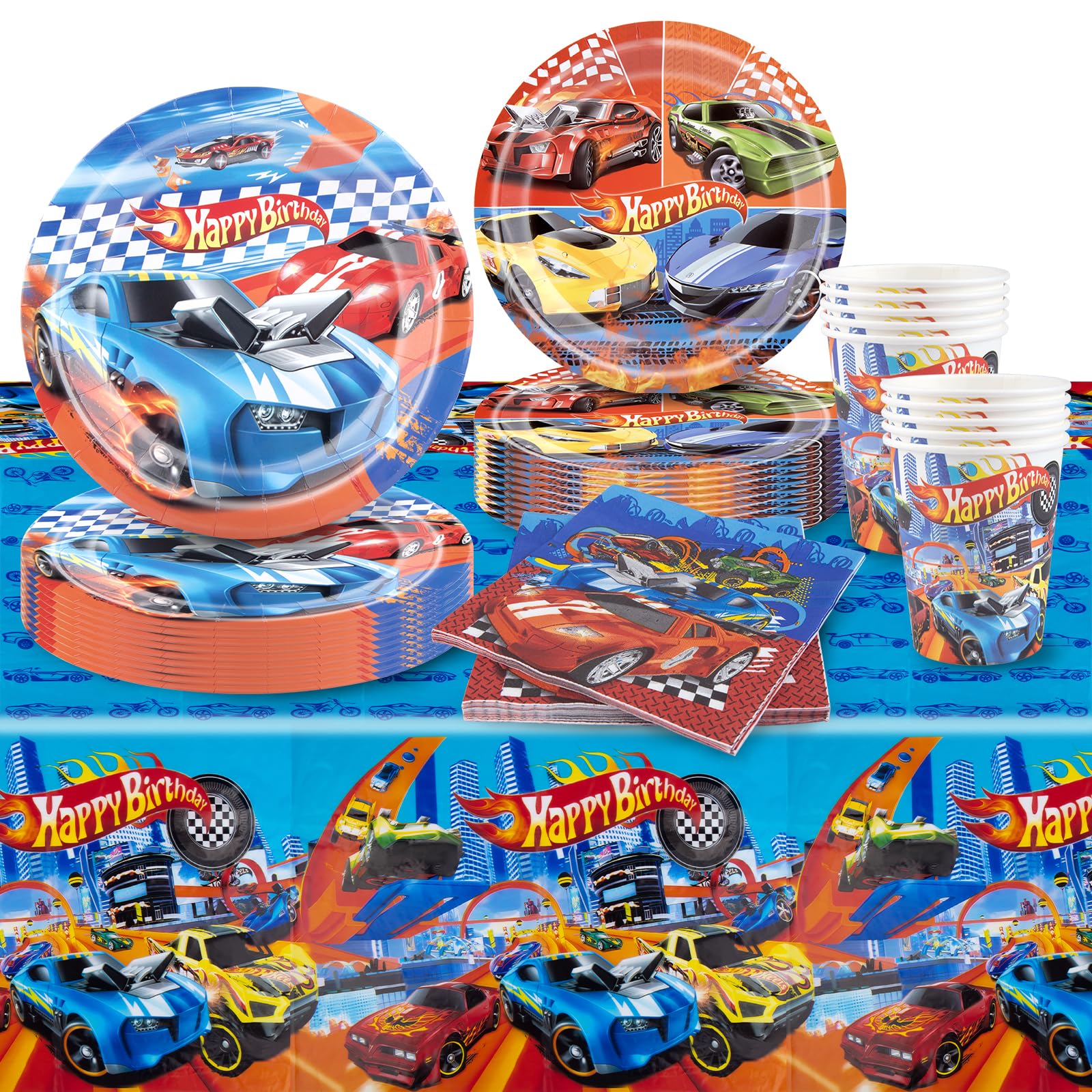 52 PCS Wheels Birthday Decorations, Monster Truck Party Decorations with Plates Cups Napkins, Party Tableware for 10 people