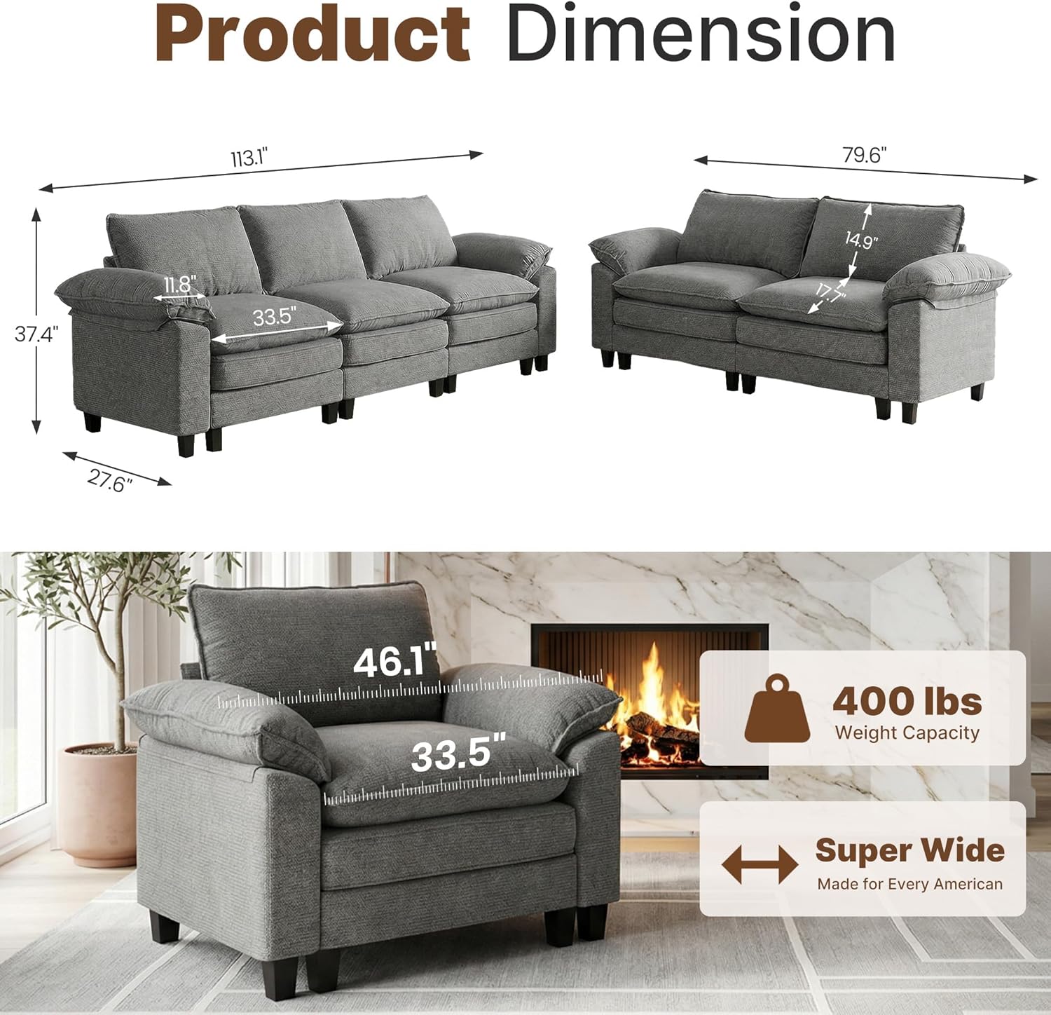 2 Piece Chenille Sofa Set, Loveseat & 3 Seater Modular Sectional Couch with Comfy Upholstered Cushions, Cloud Comfy Deep Sofa, Furniture Set for Living Room, Light Grey