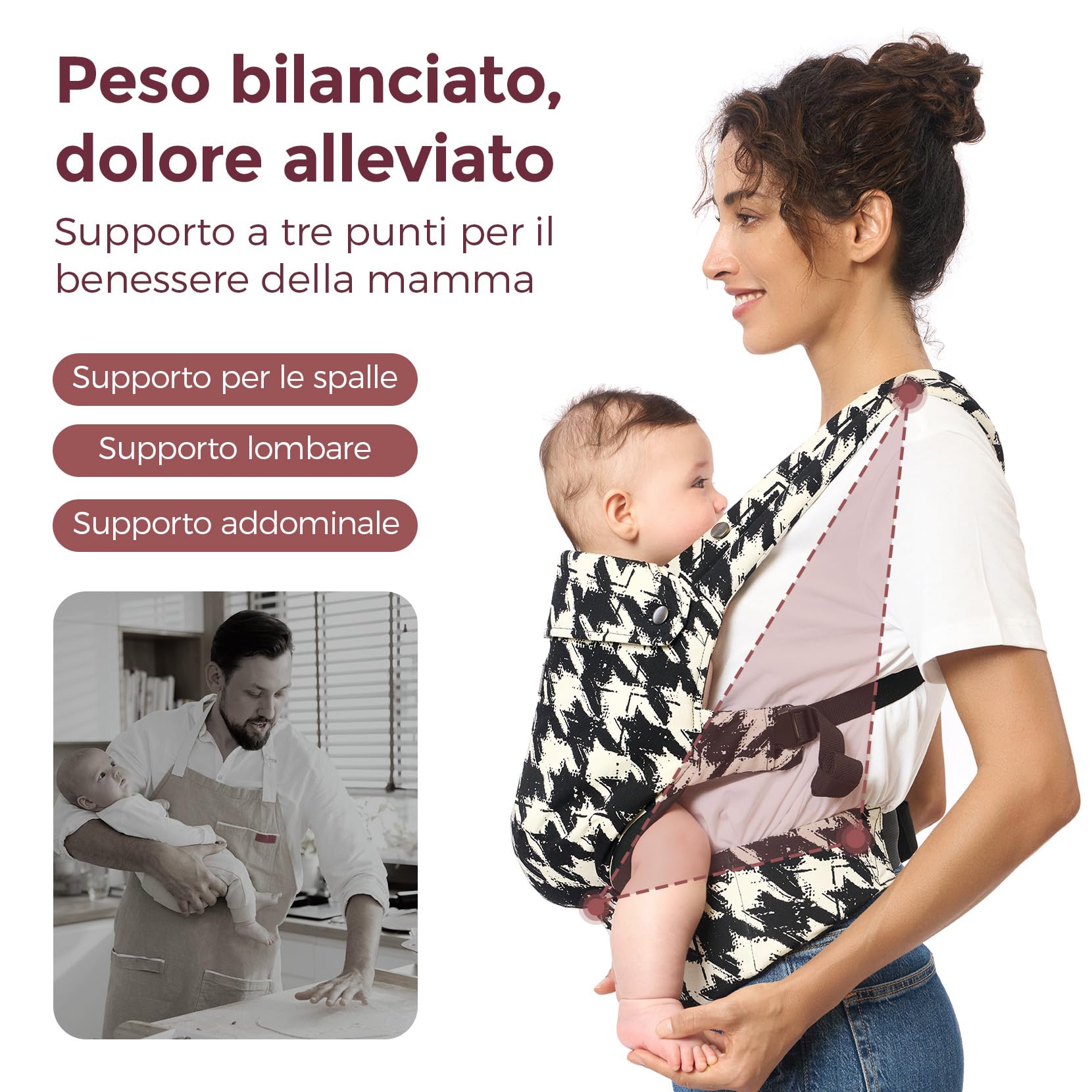Marsupio Momcozy - Ergonomico, confortevole e leggero, per bambini da 3 a 20 kg(3-24 mesi), facile da indossare, ideale per genitori a mani libere, Pied de poule