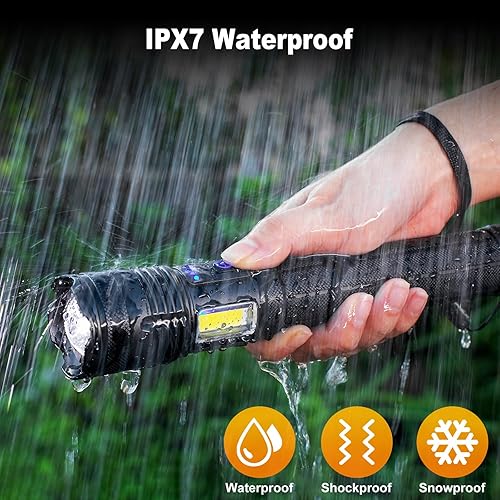 Miniatura 7 de Linternas recargables de 90000 lúmenes altos, 10000 Ah BATTERY Linterna LED con luz de mazorca para el hogar, luz de flash súper brillante 7 modos,