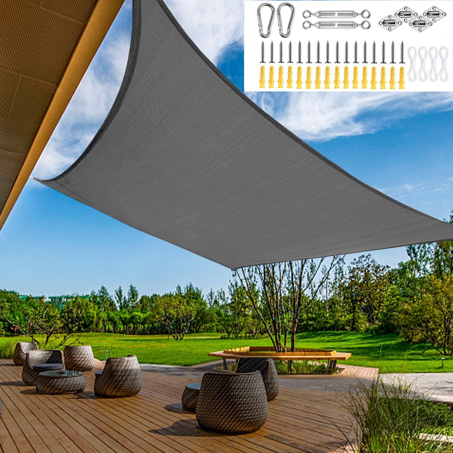 HJB VISSO Sun Shade Sail, Hardware Kit Included, 2x3M Sun Sail UV Protection, Rectangle Canopy Sun Protection for Outdoor Patio Garden Backyard Activities, Durable Upgraded Waterproof Fabric