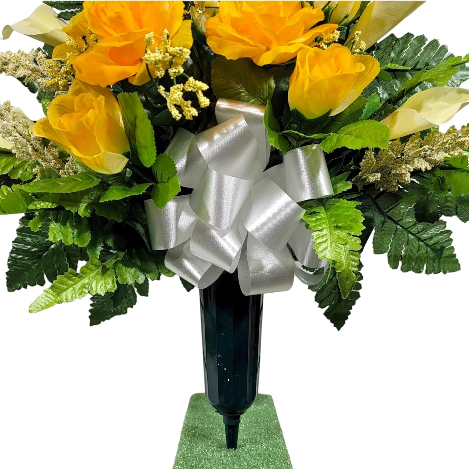 Realistic Artificial Cemetery Flowers - Silk Faux Floral Yellow Rose and Calla Lily - Headstone Saddle - Bouquet Pair for Grave - 3 Headstone Decorations - Memorial Flowers