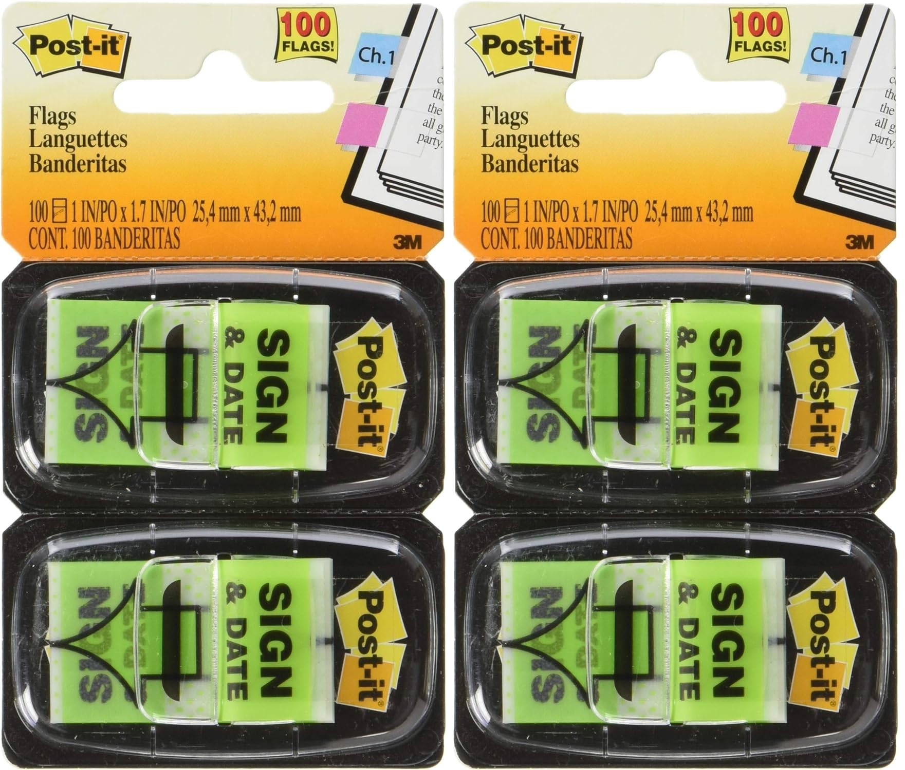 Post-it 680SD2 Sign and Date Message Flag, 1"x1-3/4", 100/PK, Green- Pack of 2