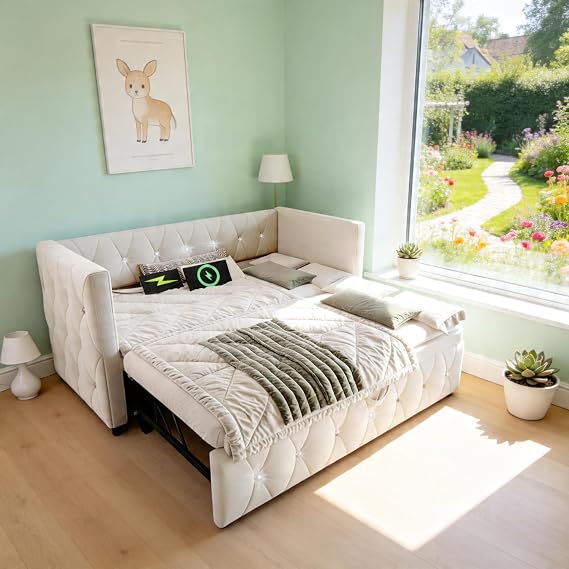 Su & Chan Legence Single Daybed with Pull out Trundle, Upholstered Trundle Bed with Charging Station, Single Sofa Bed for Living Room and Bedroom, No Mattress, 90 x 190cm, Velvet, Beige