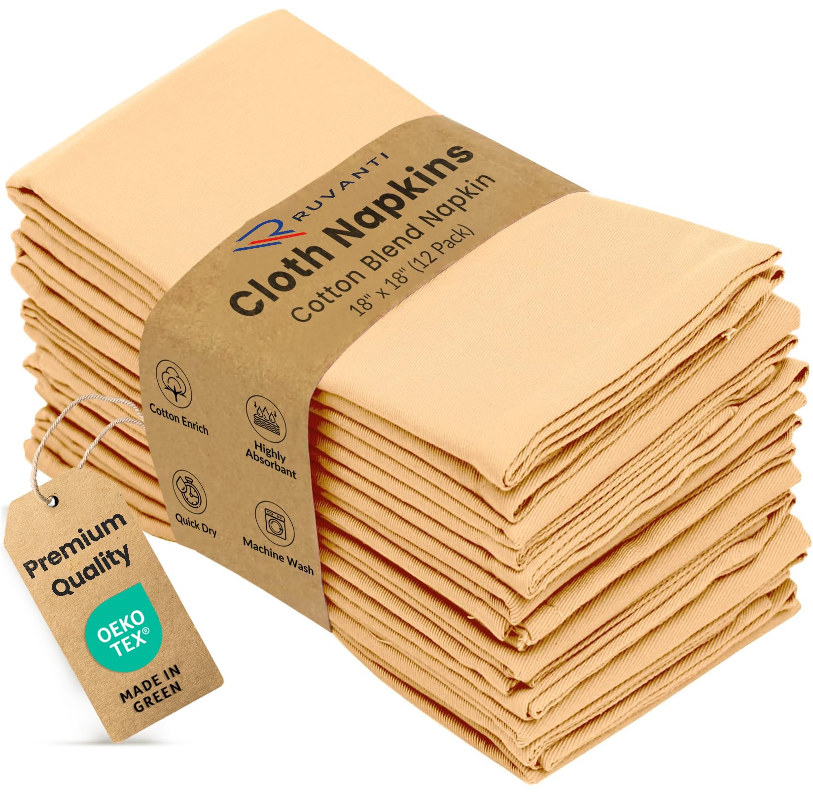 Ruvanti Cloth Napkins 12 Pack 18X18 Inch Dinner Table Napkins, Soft, Comfortable Cotton Enrich, Ivory Gold Napkin, Washable & Reusable Linen Napkin for Christmas, Dinner, Weddings, Bar, Cocktail Party