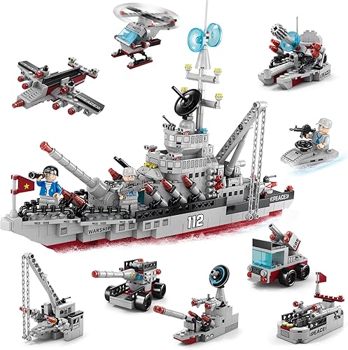 ferventoys Kits de bloques de construcción de naves 8 en 1 25 modelos militares WW2 Star War Warship con vehículos militares helicóptero avión