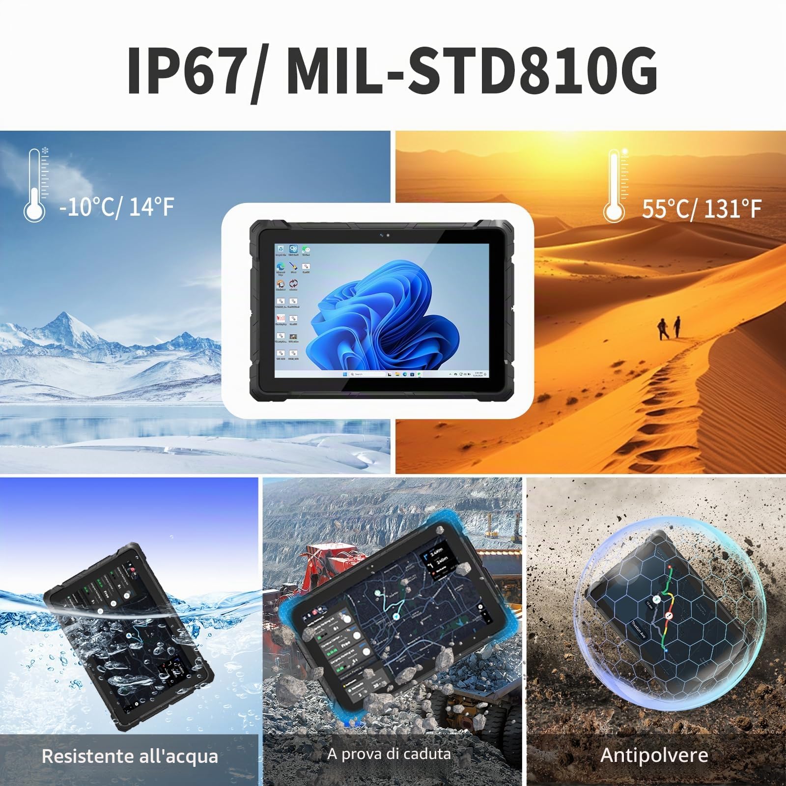 Tablet Rugged IP65, Intel N150 (3,6 GHz), 8GB RAM 128GB ROM, 10.1" HD Display, Windows 11 Pro, 8000mAh Batteria, USB 3.2, Type-C, RS232, WiFi, BT 4.2 per Cantiere Magazzino Campo