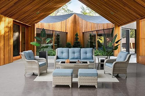 Miniatura 7 de Belord Juego de 2 taburetes otomanos de mimbre de ratán para todo tipo de clima, con cojines suaves para muebles de patio