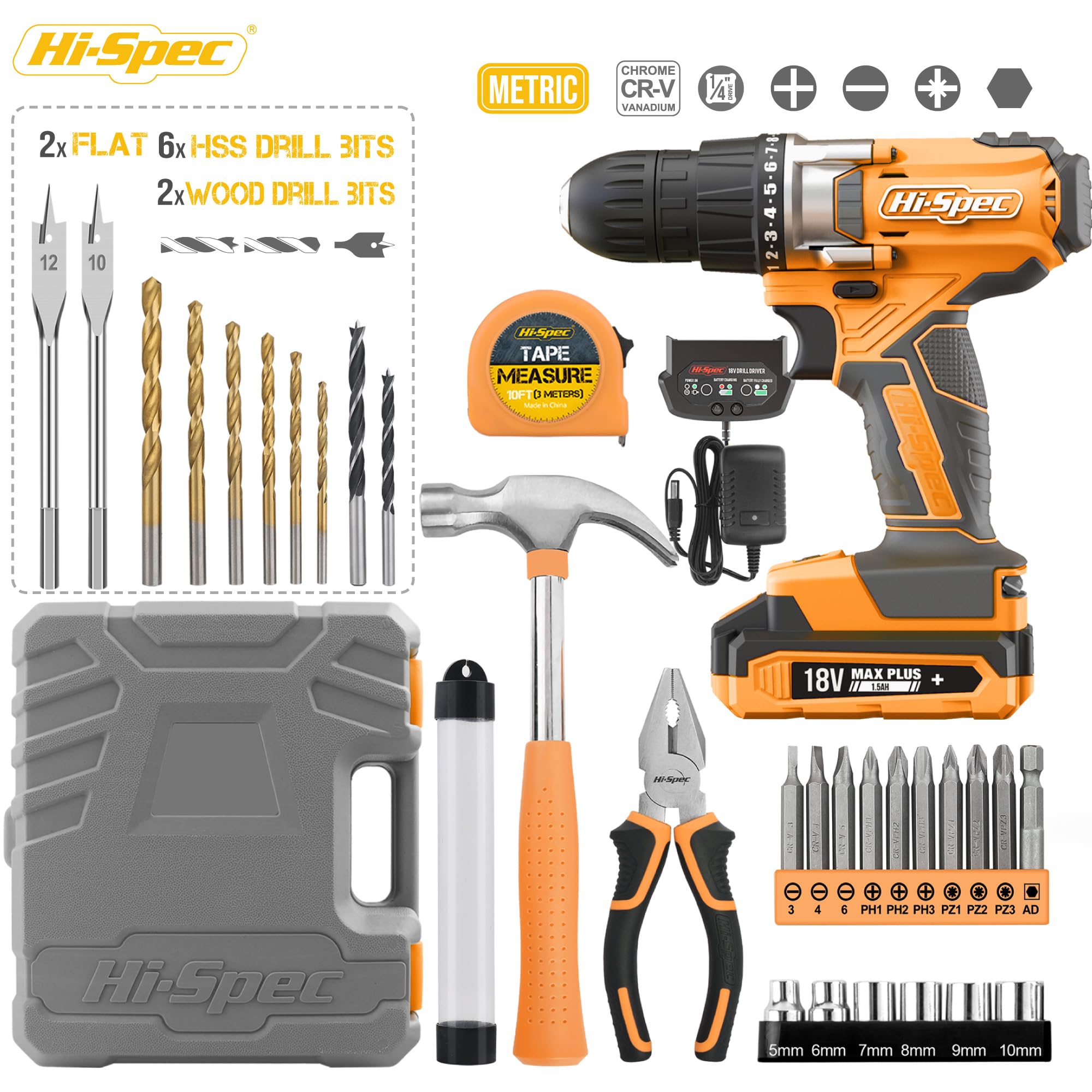 Hi-Spec 30pz Kit compatto Trapano/Avvitatore giallo 18V senza fili per fai-da-te. Trapano e avvitatore elettrico rapido con strumenti manuali e accessori essenziali