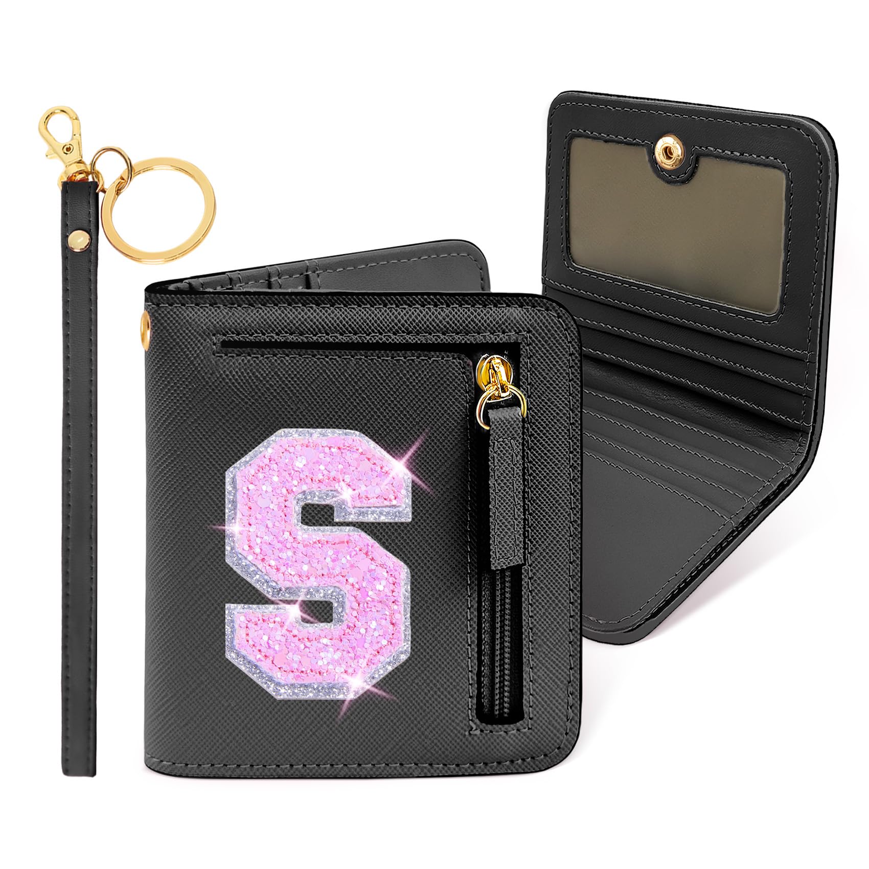COSHAYSOO Initial RFID Wallet Small Monogrammed Letter Birthday Gifts for Preteen Tween Teen Girls Age 5 6 7 8 9 10 11 12 13 14 Year Old Preppy Cute Girly Stuff Travel Things Black S