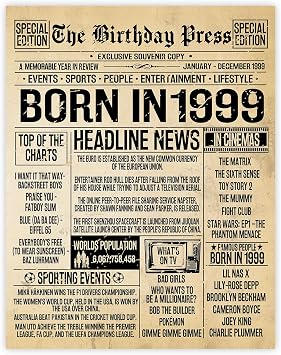 Stuff4 26th Birthday Poster Unframed - Born In 1999 Vintage Newspaper - Happy 26th Birthday Gifts for Women Men Retro Back In 1999, 8x10 Inch Twenty-Six Twenty-Sixth Decor Decoration Bday Party