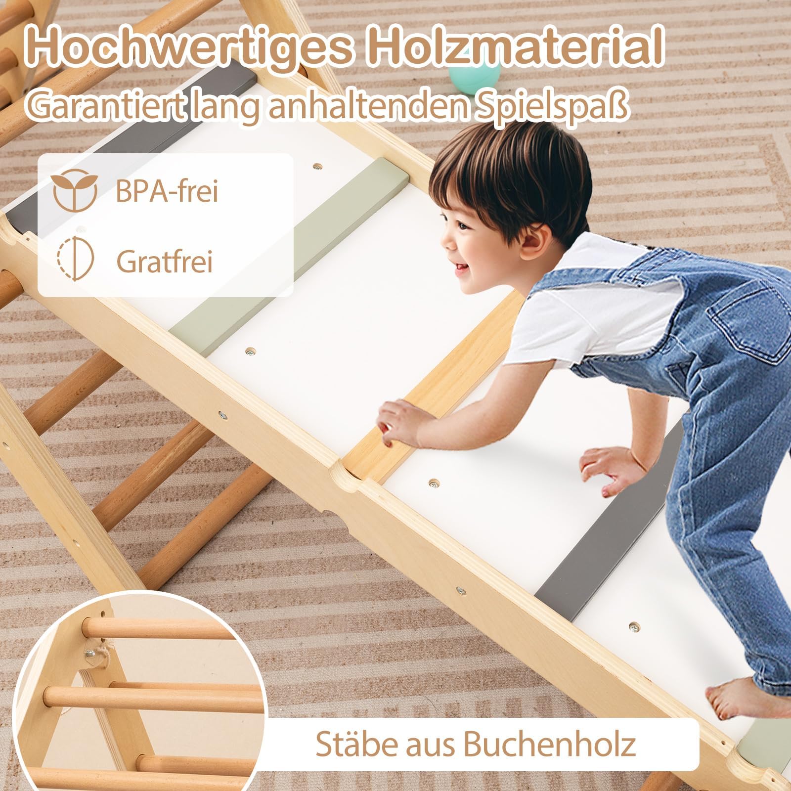 FANTASK 3 in 1 Kletterspielzeug Indoor, Sprossendreieck Holz, Kletterdreieck Set für Kinder ab 3 Jahren, 115 x 69 x 59 cm, Natur