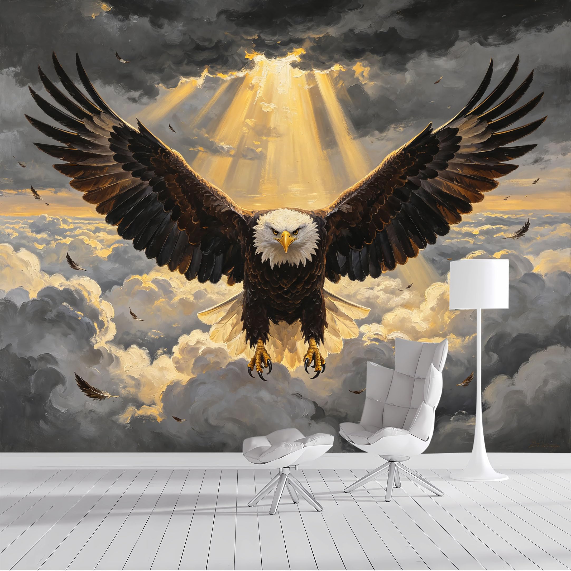 Yzpallescene Bh260711019 Custom Size Wall Mural Majestic Eagle Sky Sunbeam Oil Painting Selfadhesive Wall Fabric Removable Peel And Stick Wallpaper Wall Decor For Living Room Bedroom Bathroom