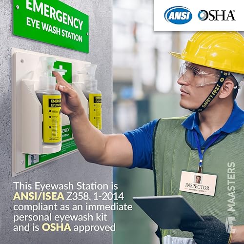 Miniatura 2 de MAASTERS Estación de lavado de ojos portátil sin BPA aprobada por la OSHA  Kit de lavado de ojos de primeros auxilios montado en la pared con espejo