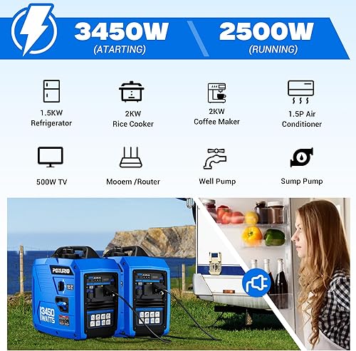 Miniatura 6 de POXURIO Generador inversor portátil de combustible doble de 3450 vatios para hogar, tanque de combustible grande, 1.6 galones, hasta 8.3 horas de