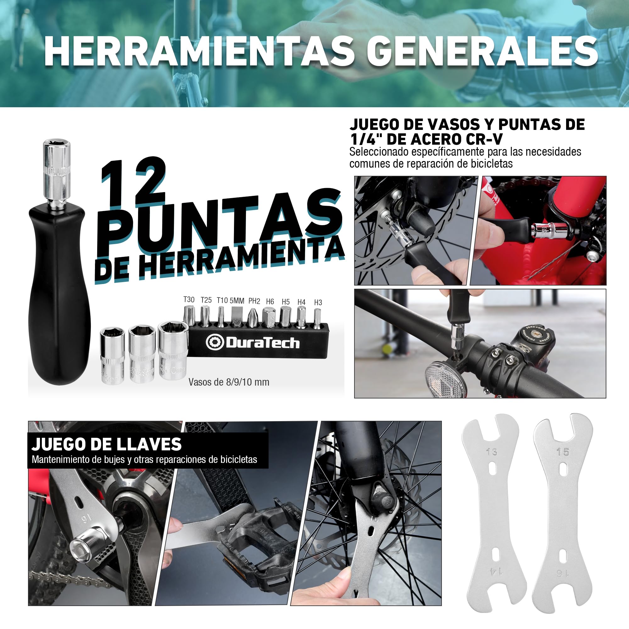 DURATECH 31 Piezas Juego de Reparación de Bicicleta, Maletín de Herramientas para Bicicleta, Herramientas de Neumáticos y Cadenas, Extracción de Pedales del Eje Central, para Reparar Bicicleta