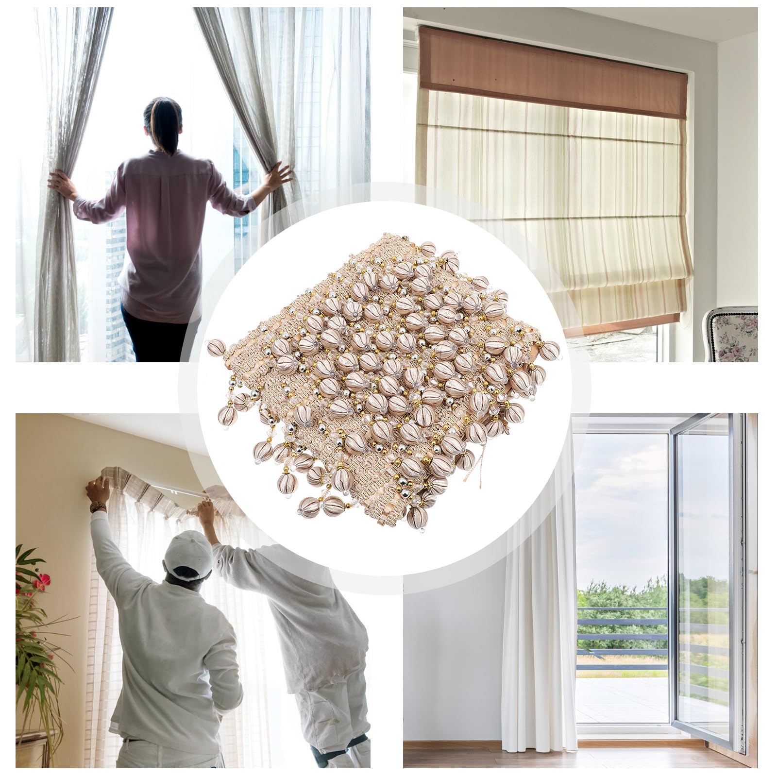 Bordure à Franges de Rideaux Perles Beige Accessoire de Rideau Salon Polyester Frange Pompon Décorative pour DIY Fourniture Rideau et Décoration Maison