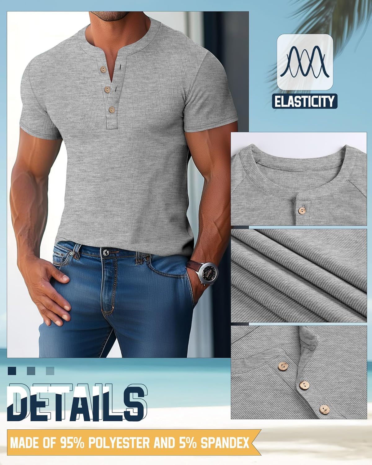 Evervibe 3 Pack Men's Big and Tall Ribbed Henley Shirts Short Sleeve Raglan Casual T-Shirts Classic Summer Button Placket Tee - Image 6