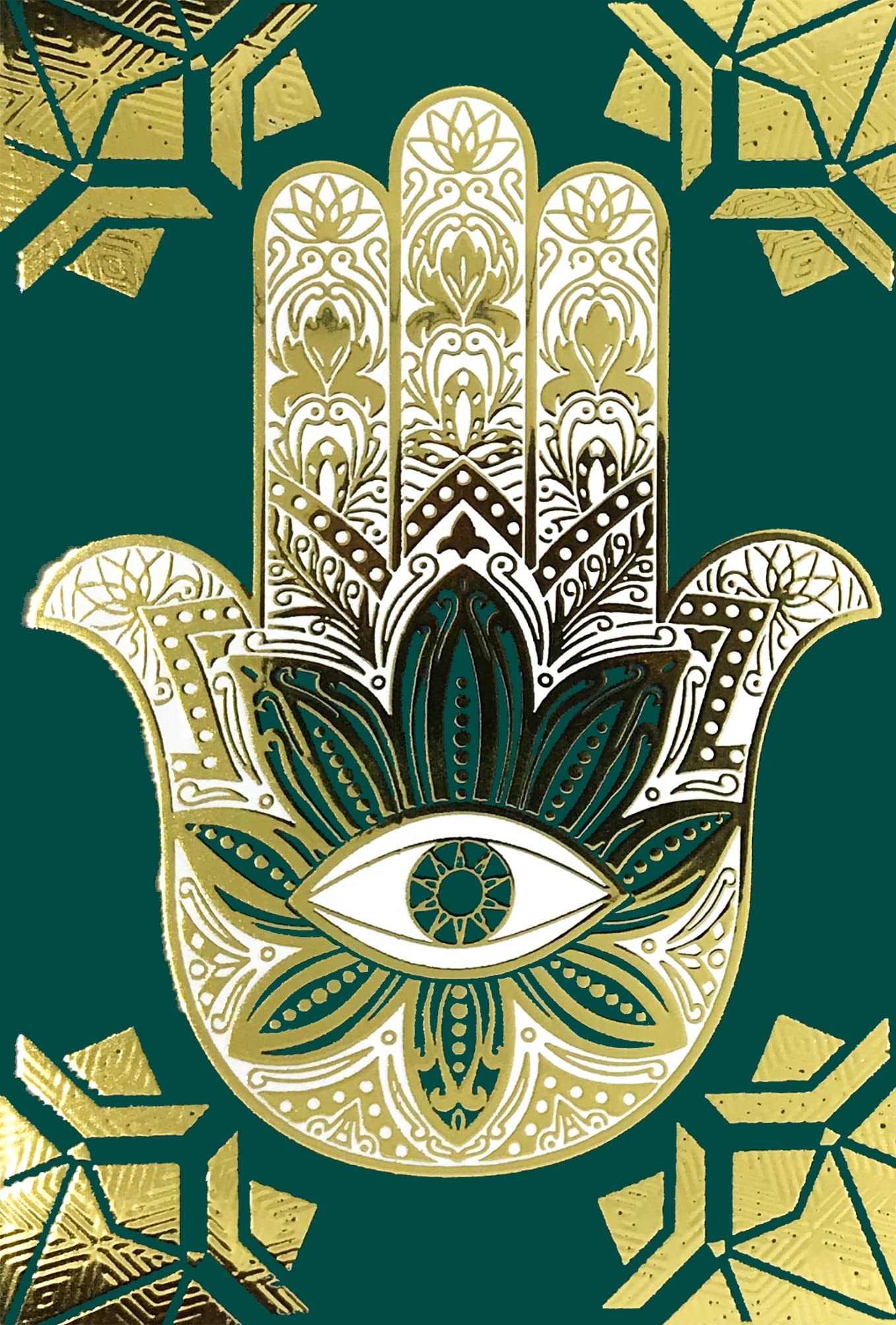 AFIE 68-3003 Lucky Charm Card Hand of Fatima Hamsa Khomsa Gold Shiny Gold Emerald Green Symbol Amulet Protection Amulet Protection Against the Evil Eye Home Decoration Frame with Envelope - Image 2