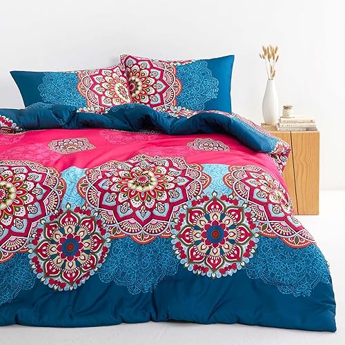 Wake In Cloud - Juego de edredón bohemio, estampado de medallón floral de mandala azul fucsia, ropa de cama de microfibra suave (3 piezas, tamaño