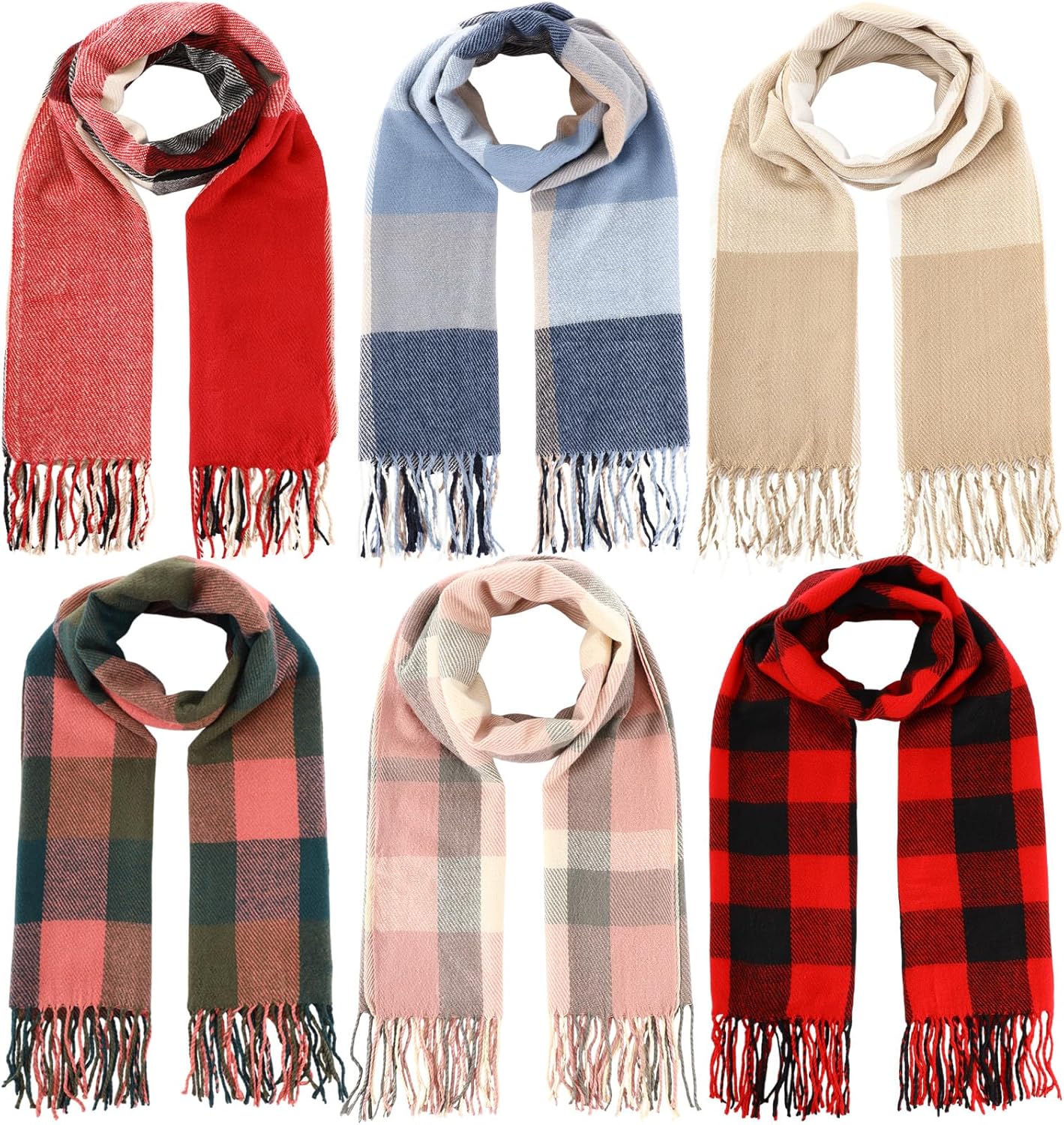 Coume 6 Pcs Women Scarf Women Long Plaid Winter Scarf with Tassel Warm Soft Buffalo Blanket Large Knit Tartan Wrap Shawl Gift