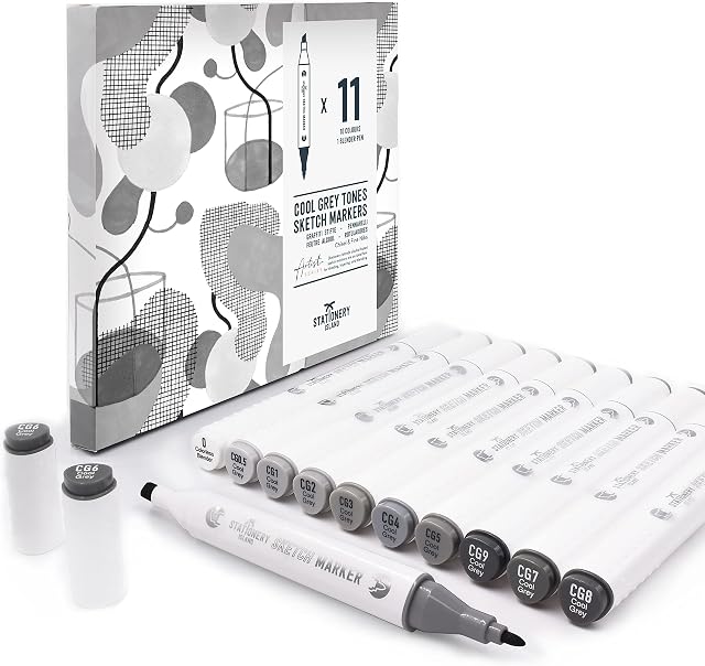 STATIONERY ISLAND Cool Grey Sketch Markers - Set of 11 - Carry Case - Alcohol Based Blendable Dual Tip Colouring Pens - for Drawing, Graphic Design, Illustration, Comic, Anime and Manga Art