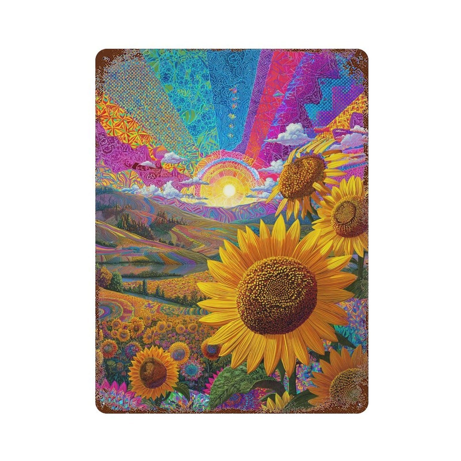 Psychedelic Sunflower Field-2 Rust Effect Tin Sign 15.7"x11.8", Ideal for Cafe, Home Bar And Lounge Decor