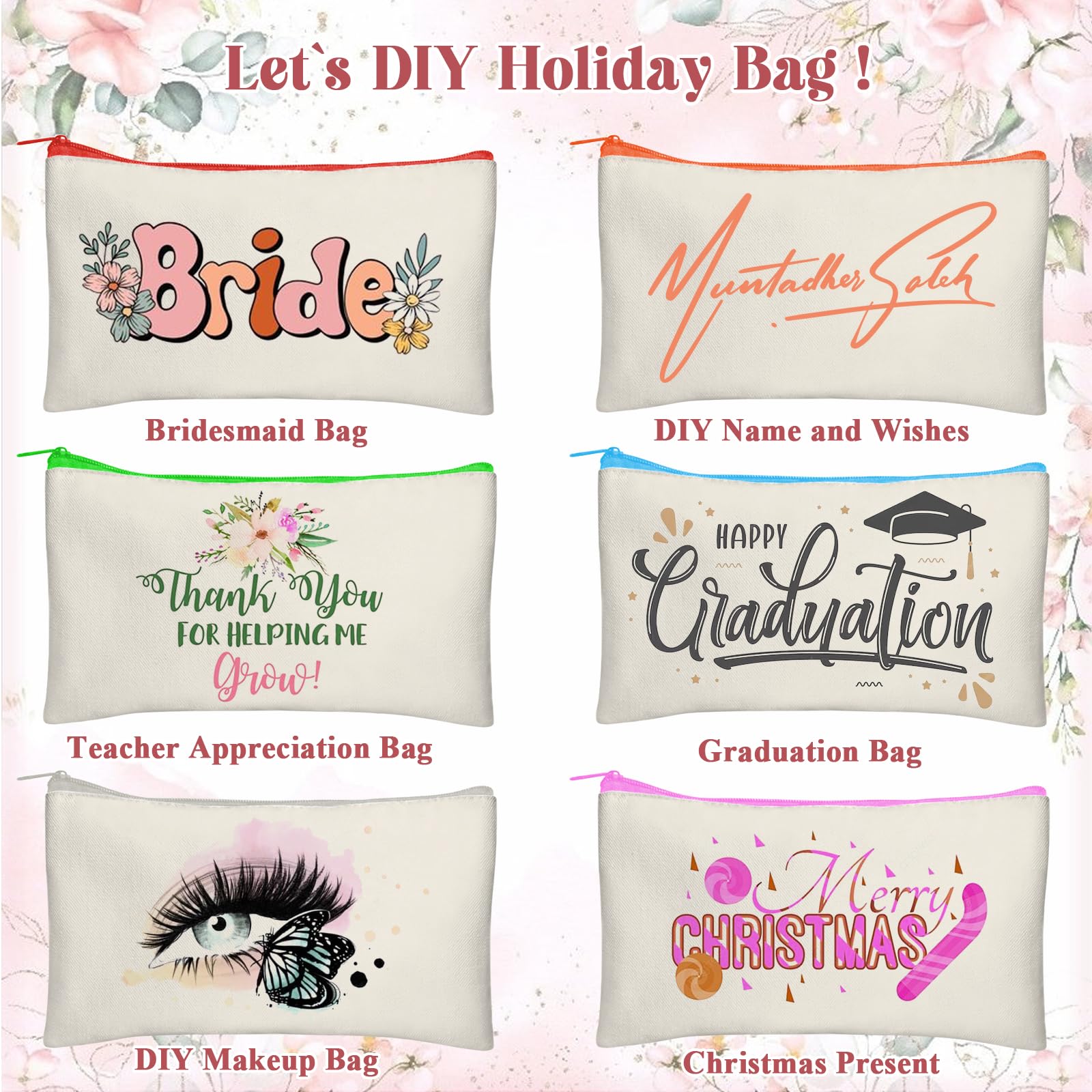 Legigo Bolsas de lona en blanco con cremallera, bolsas de maquillaje, bolsa