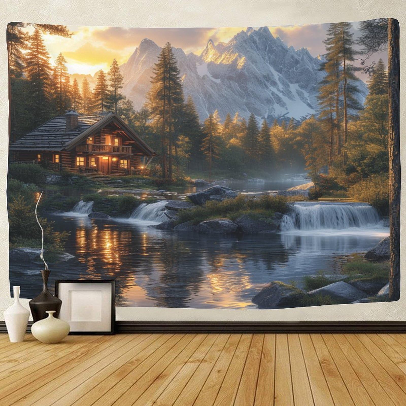 Tiiczaakl Style-5 Mountain Cottage River Tapestry 3D Printing Tapestries Wall Hanging Wall Blankets Background Home Decor For Decorative Bedroom/Living Room/Dormitory/Apartment/Curtain 180Cmx230cm