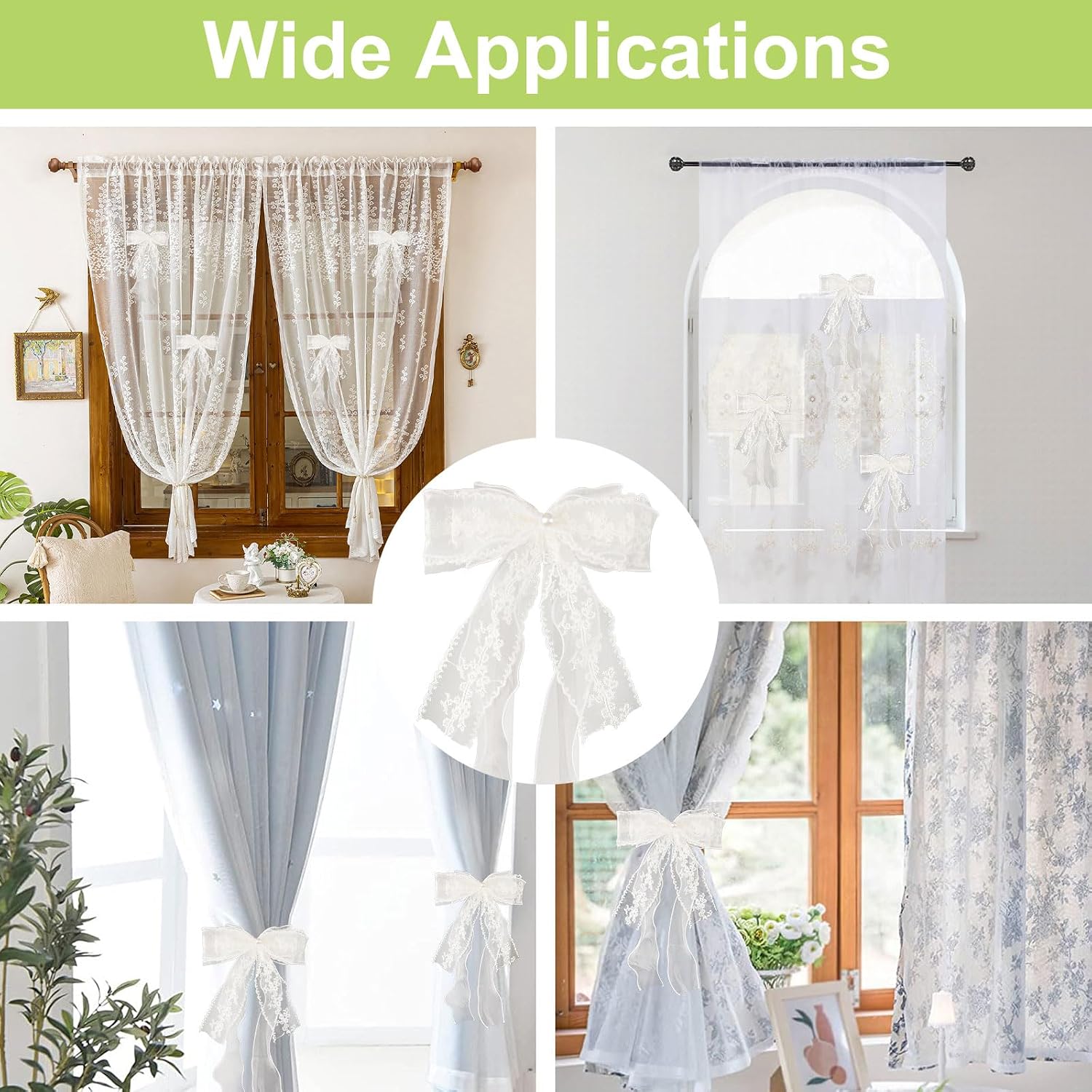 4Pcs Bow Curtain Tiebacks, Elegant Bow Butterfly Curtain Tiebacks with Pearls Sweet Lace Drapes Holdbacks Buckles for Home Decorative(Beige)