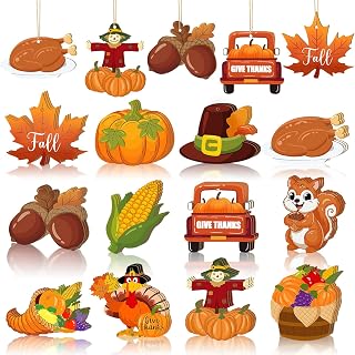 36PCS Wooden Thanksgiving Ornaments for Tree Fall Decorations,12 Styles Thanksgiving Tree Decorations Harvest Ornament Vintage Pumpkin Maple Leaf Cutouts for Crafts Hanging Autumn Hello Fall Truck