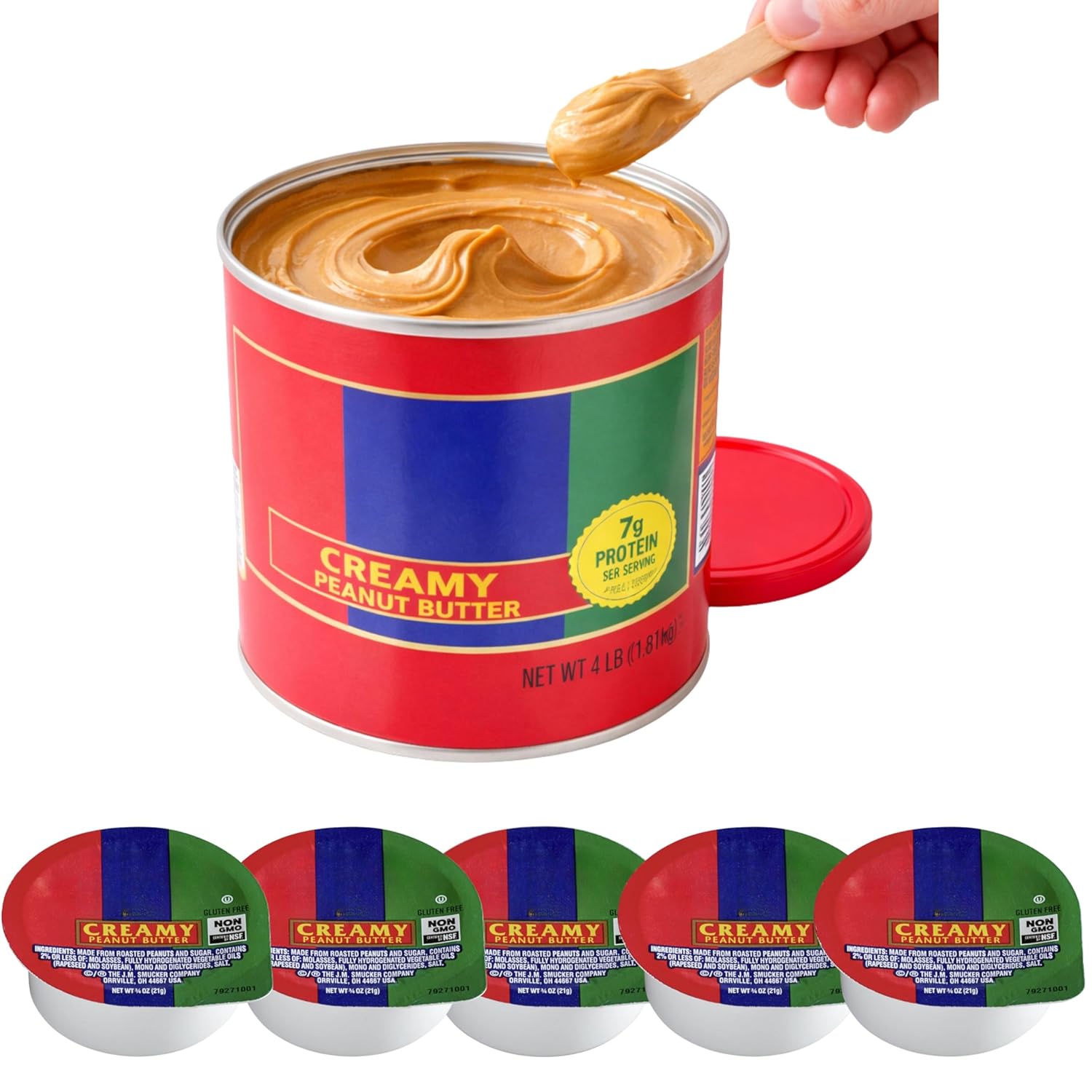 Mantequilla de Maní Cremosa - Lata Familiar 4 lb + 5 Tazas Individuales con Cuchara de Madera