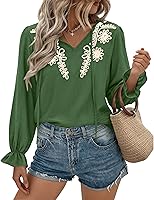 BTFBM Women's Boho V Neck Floral Embroidered Long Sleeve Blouse - Dressy Casual Fall Tops Ruffle Cuffs