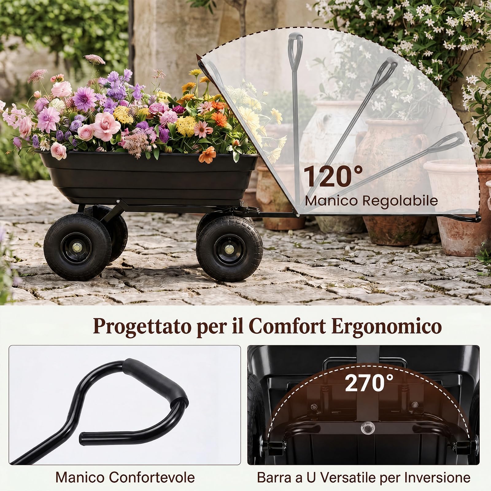 GYMAX Carrello da Giardino Ribaltabile 75 L, Portata 300 kg