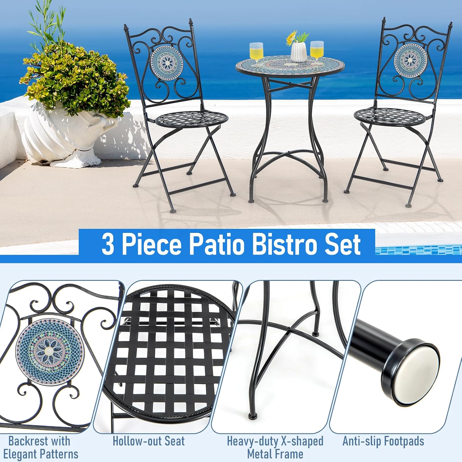 Giantex Bistro Table and Chairs Set of 2, 3 Pieces Mosaic Patio Table with Folding Chairs, Steel Frame, Outdoor Round Patio Furniture Set, Portable for Porch Balcony Garden
