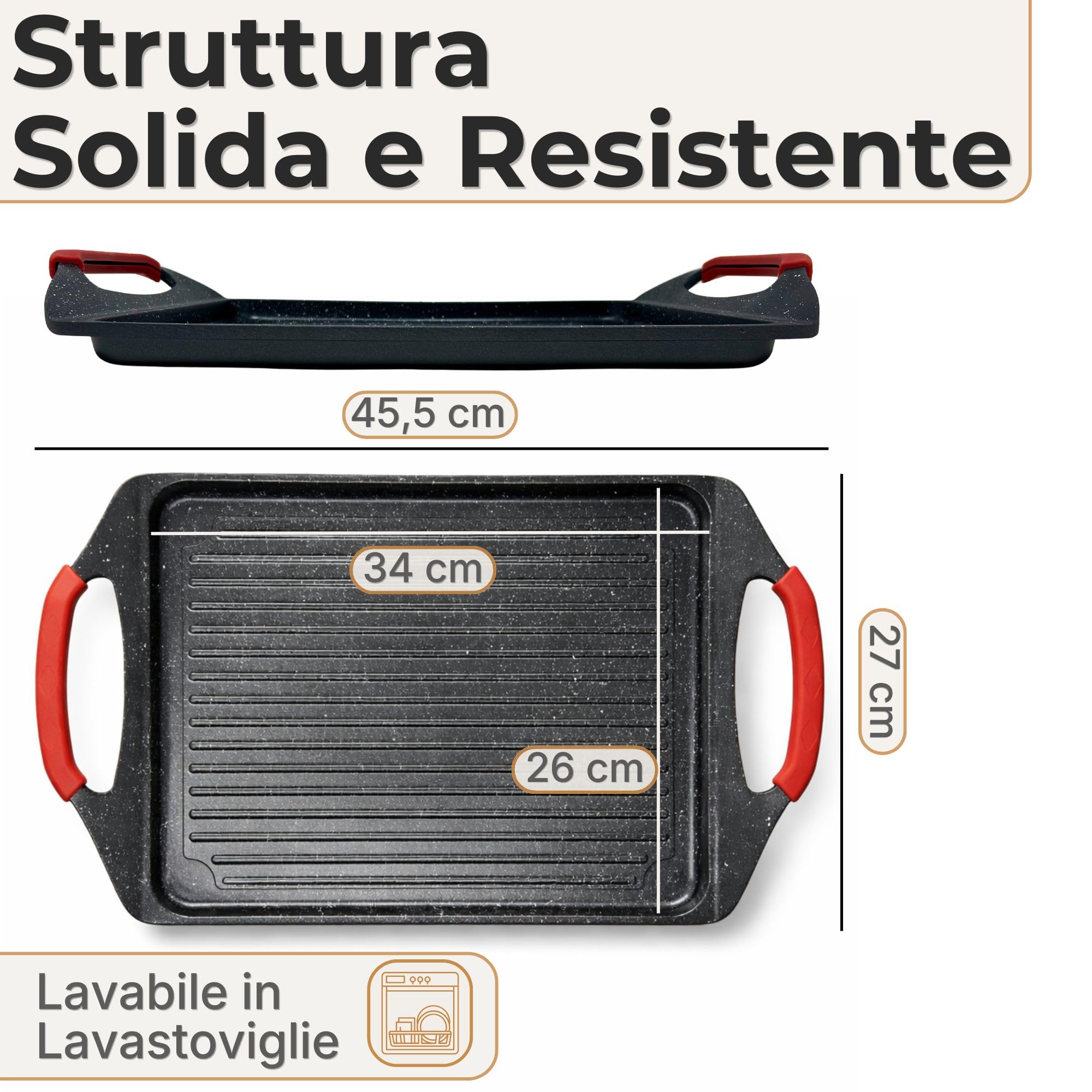 NAMAI - Bistecchiera Induzione Rettangolare, 45,5 CM x 27 CM, Rivestimento Antiaderente, Alluminio Pressofuso, Adatta In Lavastoviglie, Piastra Per Induzione (Plancia 45,5 x 27 CM) | Rivestimento Antiaderente, Alluminio Pressofuso, Adatta In Lavastoviglie