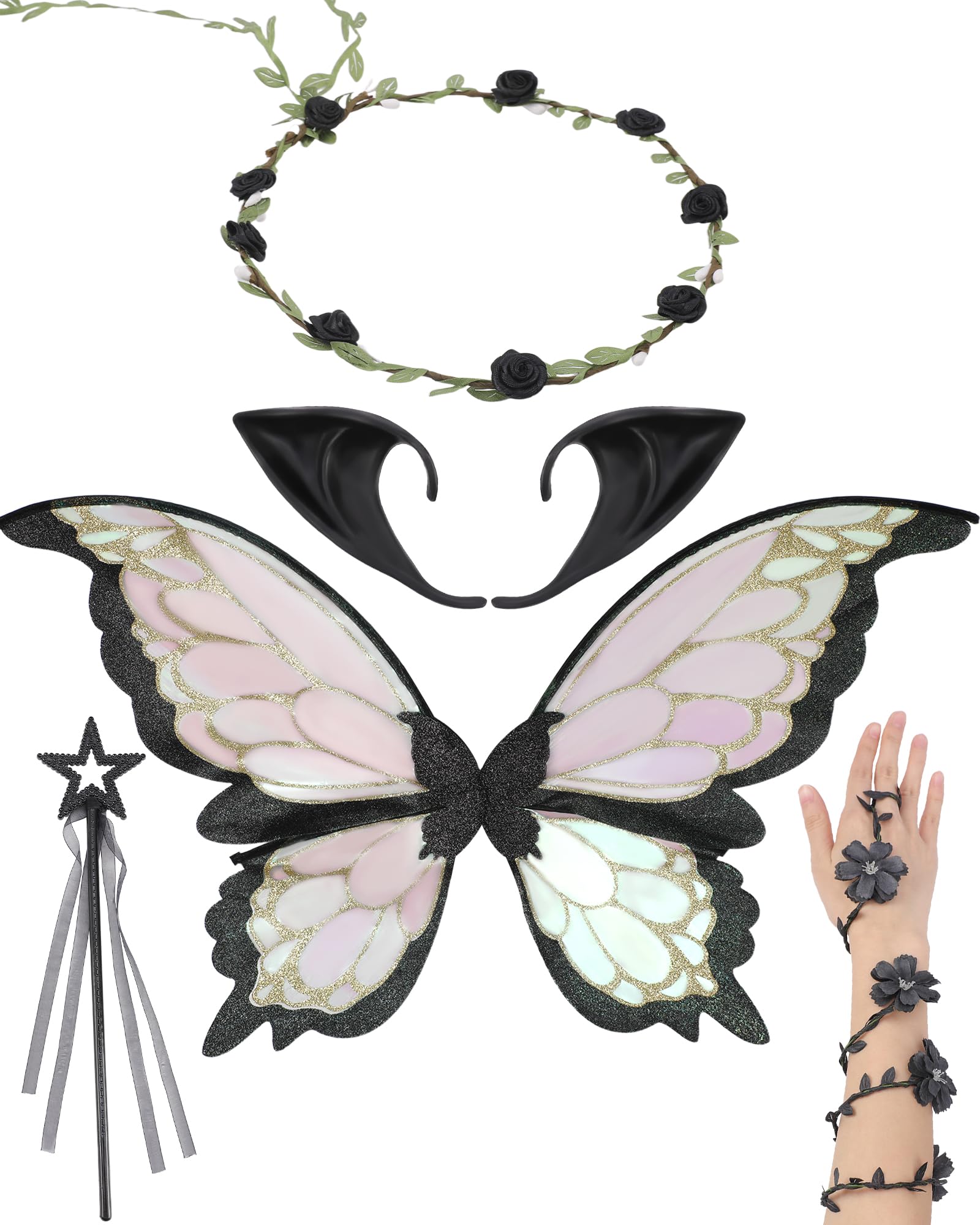 PartyforU Black Gold Fairy Costumes 5 Pcs Set, Butterfly Wings Flower Crown Elf Ears Ivy Arm Wrap Fairy Wand, Halloween Renaissance Fantasy Forest Fancy Dress
