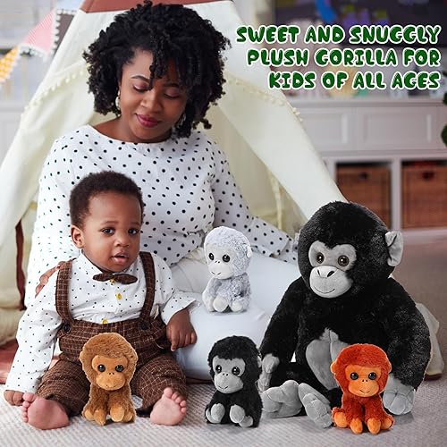 Miniatura 6 de Juego de 5 animales de peluche de gorila de peluche de 14 pulgadas, tamaño grande, mamá gorila con 4 gorilas de bebé con cremallera, peluches de
