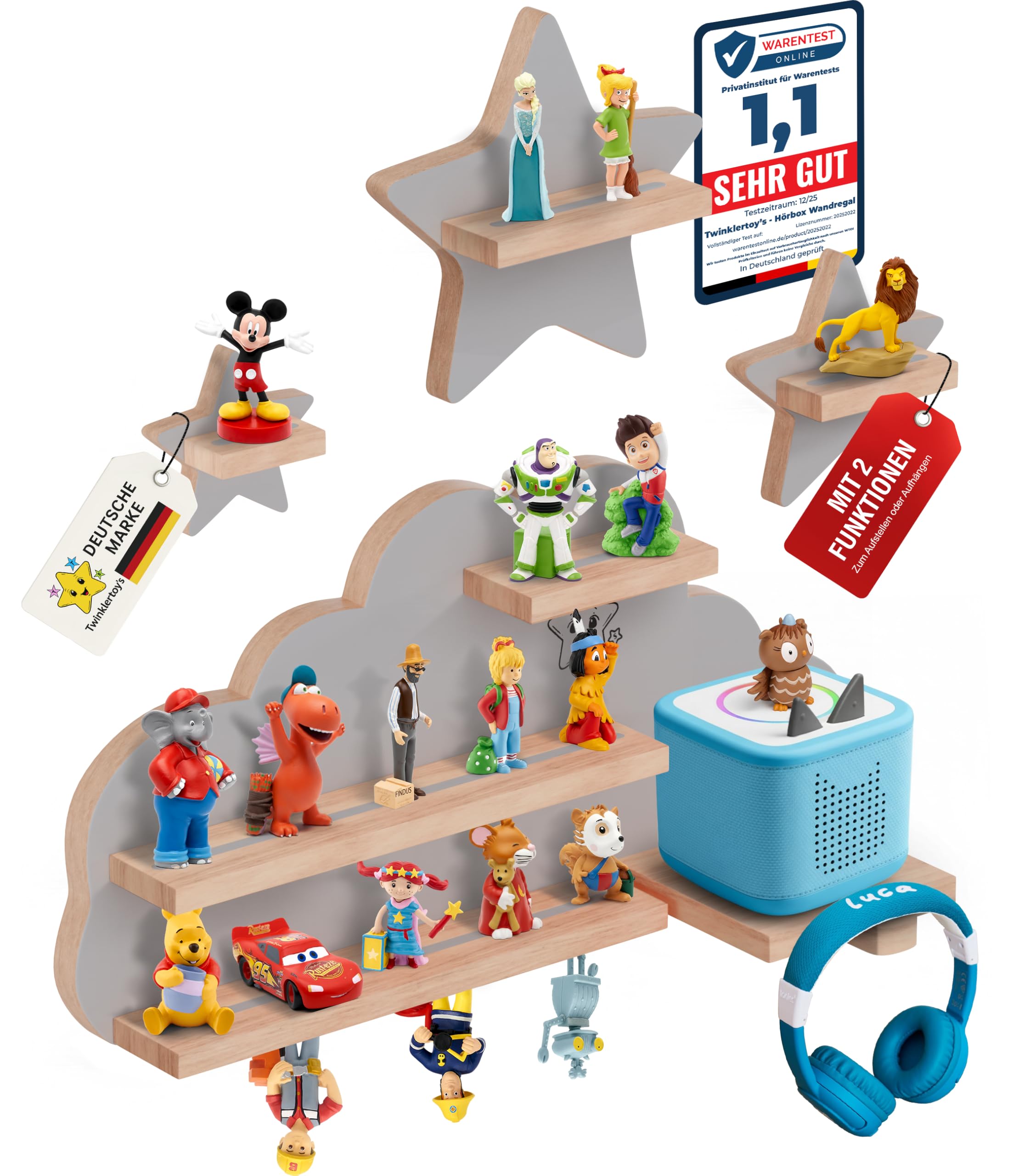 Twinklertoy’s Hörbox Wandregal aus Holz – mit magnetischer Halterung & zusätzlichen Sternen – für 30–37 Hörfiguren – Regal in Wolkenform fürs Kinderzimmer – kompatibel für Toniebox & Figuren