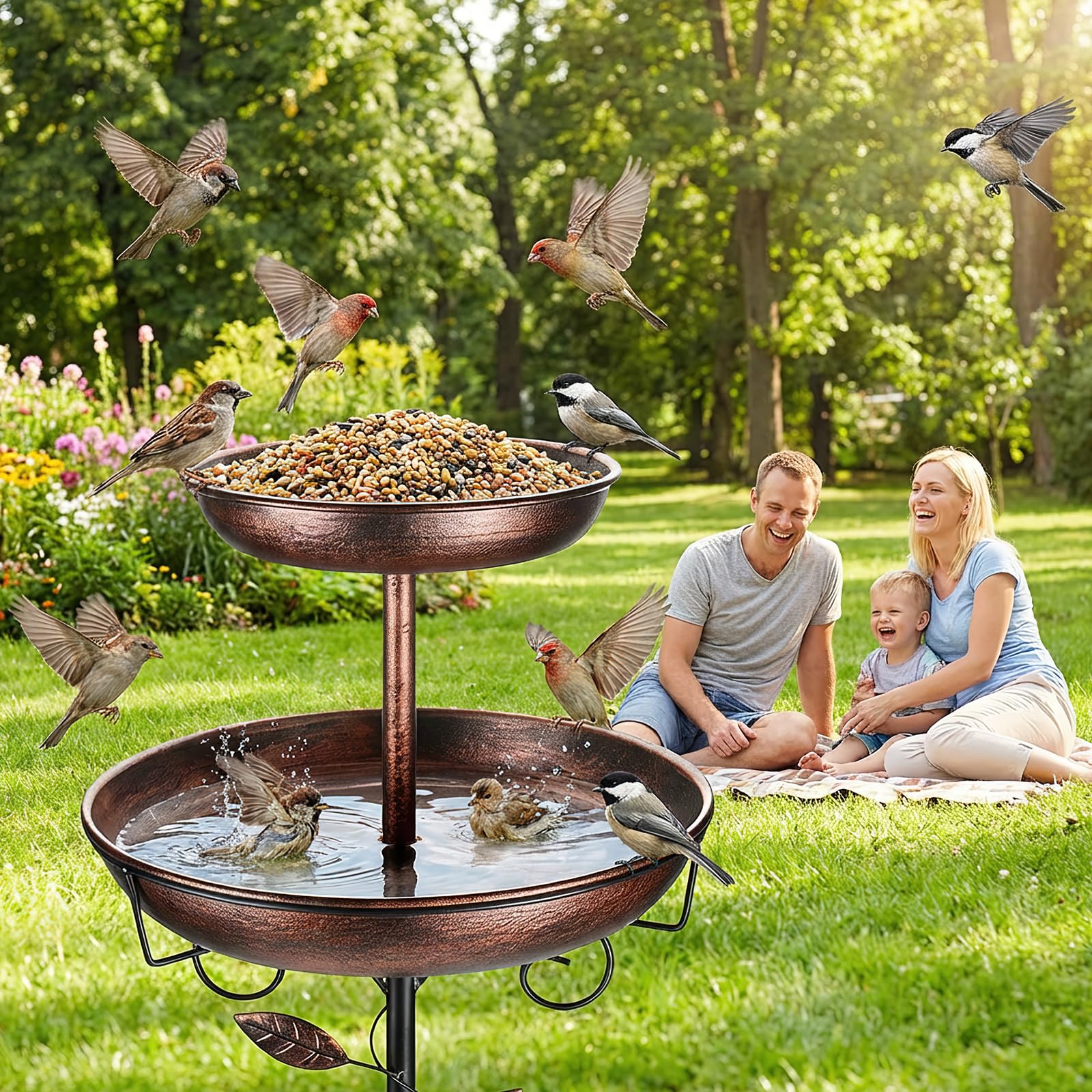 Vogeltränke, Vogeltränke Garten freistehend, Metall Vogelbad mit stabilem Standfuß, Wasserstelle für Wildvögel, frostsicher & wetterfest, Gartendeko Outdoor (Antik-Bronze)