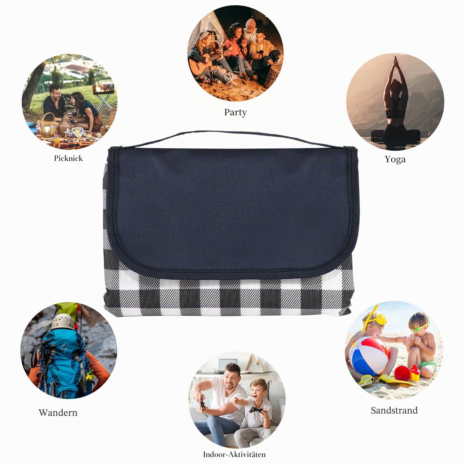 YAOMAISI Große Picknickdecke,300x200cm,große Stranddecke,Campingdecke,mit Griff,wasserdichter Boden, maschinenwaschbar,Faltbare Outdoor-Wanderdecke,Tragbar (Blaues Gitter)