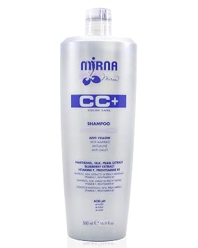 Mirna Professional Color Care NO Yellow Shampoo. Delicate pH acid formula, also contains Vitamin F, Provitamin B5 Panthenol, SIlk and Pearl Extracts. Enriched with Blueberry extract. 500ml / 16.9oz